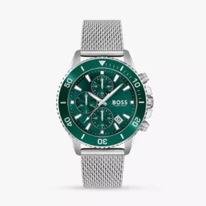 HUGO BOSS Admiral Silver Mesh Bracelet Green Dial Chronograph Quartz Watch for Gents – 1513905