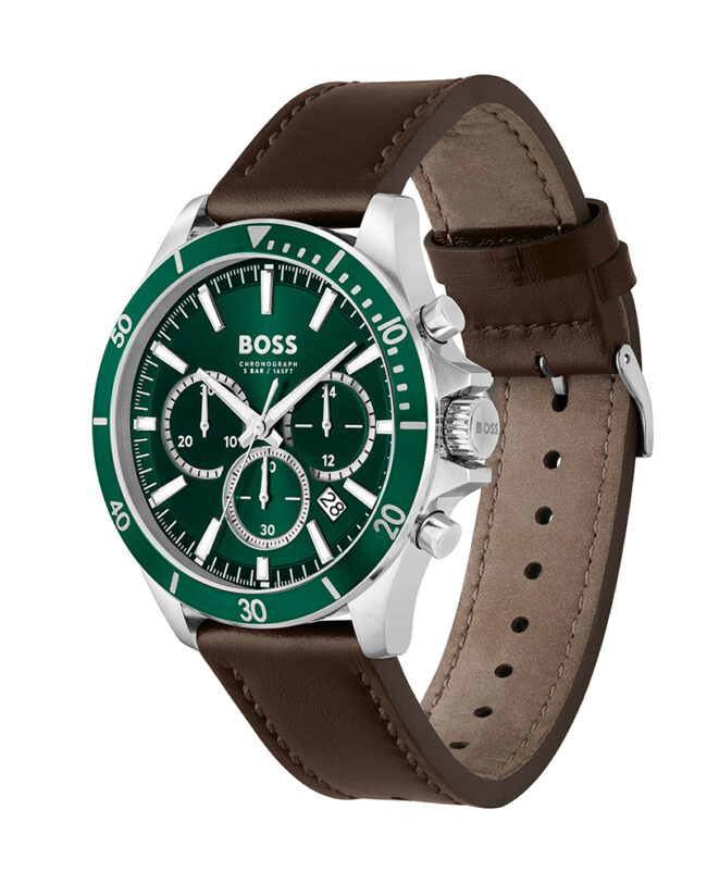 Hugo Boss Troper Brown Leather Strap Green Dial Chronograph Quartz Watch for Gents – 1514098 - Image 3