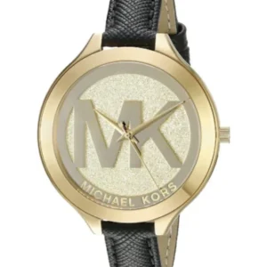 Michael Kors Slim Runway Black Leather Strap Gold Dial Quartz Watch for Ladies – MK2392