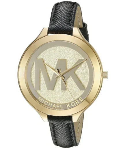 Michael Kors Slim Runway Black Leather Strap Gold Dial Quartz Watch for Ladies – MK2392