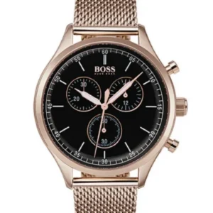 HUGO BOSS Companion Rose Gold Mesh Bracelet Black Dial Chronograph Quartz Watch for Gents – 1513548