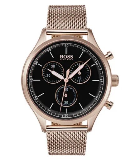 HUGO BOSS Companion Rose Gold Mesh Bracelet Black Dial Chronograph Quartz Watch for Gents – 1513548