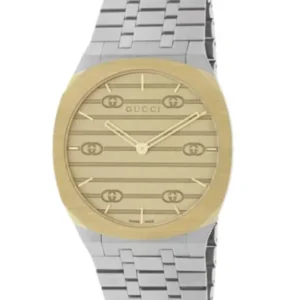 Gucci 25H Silver Stainless Steel Gold Dial Quartz Unisex Watch – YA163403