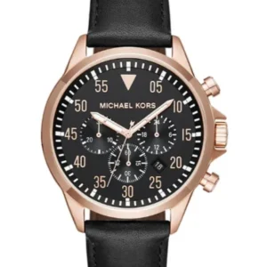 Michael Kors Gage Black Leather Strap Black Dial Chronograph Quartz Watch for Gents – MK8535