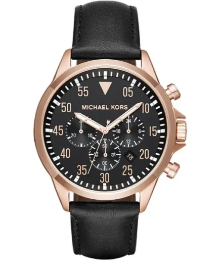 Michael Kors Gage Black Leather Strap Black Dial Chronograph Quartz Watch for Gents – MK8535