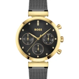 HUGO BOSS Flawless Black Mesh Bracelet Black Dial Chronograph Quartz Watch for Ladies – 1502627