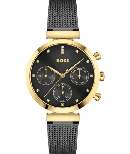 HUGO BOSS Flawless Black Mesh Bracelet Black Dial Chronograph Quartz Watch for Ladies – 1502627