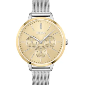 HUGO BOSS Symphony Silver Mesh Bracelet Gold Dial Quartz Watch for Ladies – 1502600