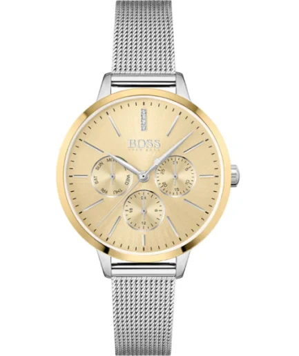 HUGO BOSS Symphony Silver Mesh Bracelet Gold Dial Quartz Watch for Ladies – 1502600