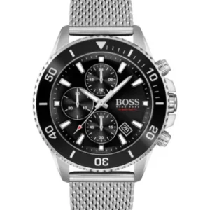 HUGO BOSS Admiral Silver Mesh Bracelet Black Dial Chronograph Quartz Watch for Gents – 1513904