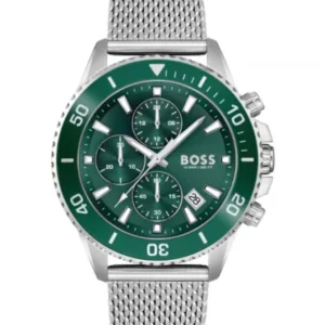 HUGO BOSS Admiral Silver Mesh Bracelet Green Dial Chronograph Quartz Watch for Gents – 1513905