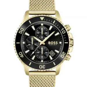 HUGO BOSS Admiral Gold Mesh Bracelet Black Dial Chronograph Quartz Watch for Gents – 1513906