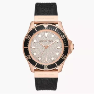 Michael Kors Everest Black Silicone Strap Pave, Rose Gold Dial Quartz Watch for Ladies – MK-7358