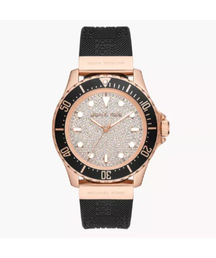 Michael Kors Everest Black Silicone Strap Pave, Rose Gold Dial Quartz Watch for Ladies – MK-7358