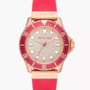 Michael Kors Everest Red Silicone Strap Pave, Rose Gold Dial Quartz Watch for Ladies – MK-7359