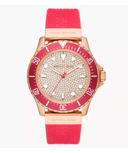 Michael Kors Everest Red Silicone Strap Pave, Rose Gold Dial Quartz Watch for Ladies – MK-7359