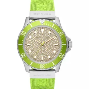 Michael Kors Everest Green Silicone Strap Pave, Rose Gold Dial Quartz Watch for Ladies – MK-7360