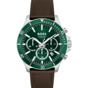 Hugo Boss Troper Brown Leather Strap Green Dial Chronograph Quartz Watch for Gents – 1514098