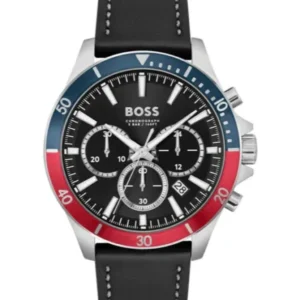 Hugo Boss Troper Black Leather Strap Black Dial Chronograph Quartz Watch for Gents – 1514099