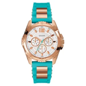 Guess Turquoise Silicone Strap White Dial Quartz Watch for Ladies – W0325L10