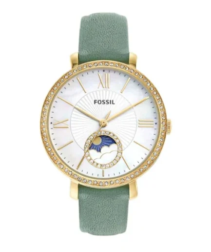 Fossil Jacqueline Sun Moon Green Leather Strap Mother Of Pearl Dial Quartz Watch for Ladies – ES5168