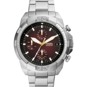 Fossil Bronson Silver Stainless Steel Red Dial Chronograph Quartz Watch for Gents – FS5878