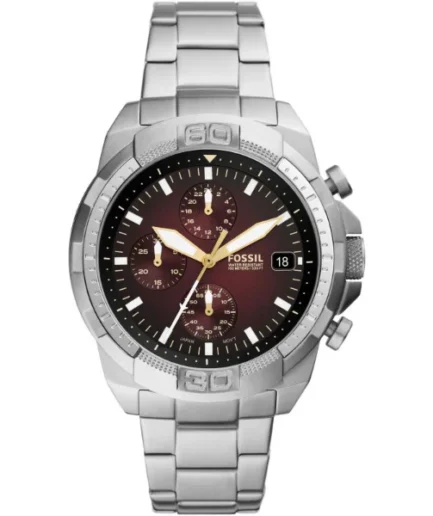 Fossil Bronson Silver Stainless Steel Red Dial Chronograph Quartz Watch for Gents – FS5878