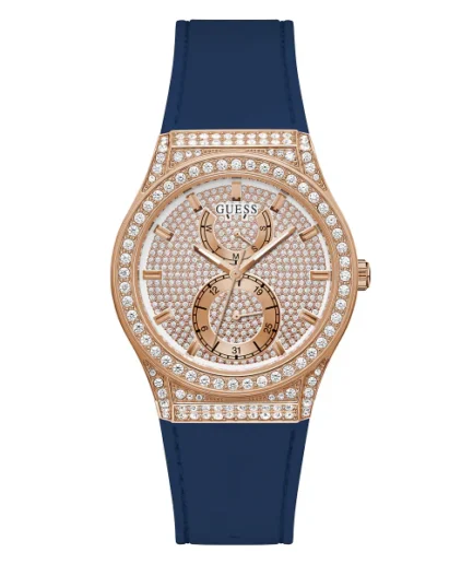 Guess Blue Silicone Strap Rose Gold Dial Quartz Watch for Ladies – GW0439L4