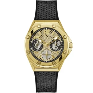 Guess Asteria Black Silicone Strap Gold Dial Quartz Watch for Ladies – GW0620L2