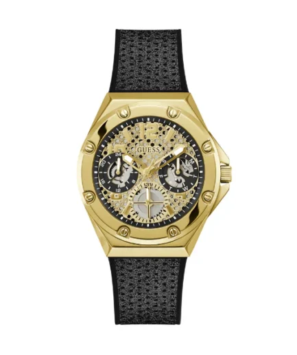 Guess Asteria Black Silicone Strap Gold Dial Quartz Watch for Ladies – GW0620L2