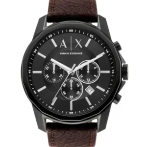 Armani Exchange Brown Leather Strap Black Dial Chronograph Quartz Watch for Gents – AX1732