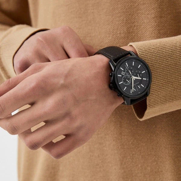 Armani Exchange Brown Leather Strap Black Dial Chronograph Quartz Watch for Gents – AX1732 - Image 4