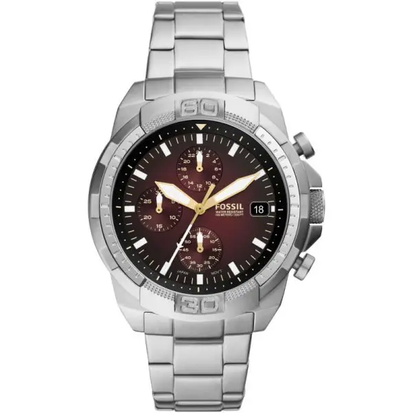 Fossil Bronson Silver Stainless Steel Red Dial Chronograph Quartz Watch for Gents – FS5878 - Image 3