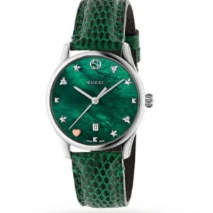 Gucci G-Timeless Green Leather Strap Green Mother of Pearl Dial Quartz Watch for Ladies – GUCCI YA 1264042