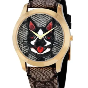 Gucci G-Timeless Brown Leather Dog Motif Dial Quartz Watch for Unisex- GUCCI YA1264057