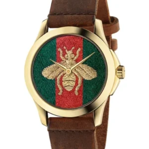 Gucci Le March Des Merveilles Bee Motif Brown Leather Strap Green Dial Quartz Unisex Watch – GUCCI YA 126451