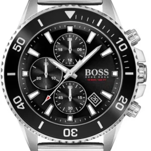 HUGO BOSS Admiral Silver Mesh Bracelet Black Dial Chronograph Quartz Watch for Gents – 1513904