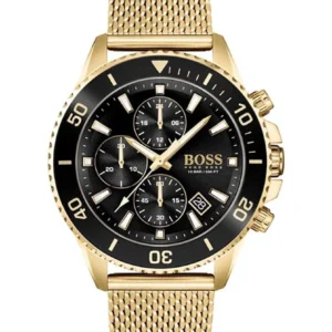 HUGO BOSS Admiral Gold Mesh Bracelet Black Dial Chronograph Quartz Watch for Gents – 1513906