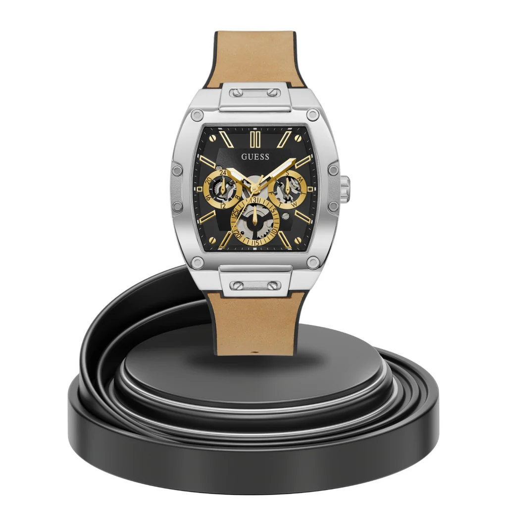 Guess Phoenix Beige Leather Strap Black Dial Quartz Watch for Gents – GW0202G3 - Image 2