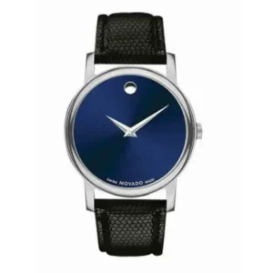 Movado Men’s Swiss Made Quartz Black Leather Strap Blue Dial 39mm Watch 2100009