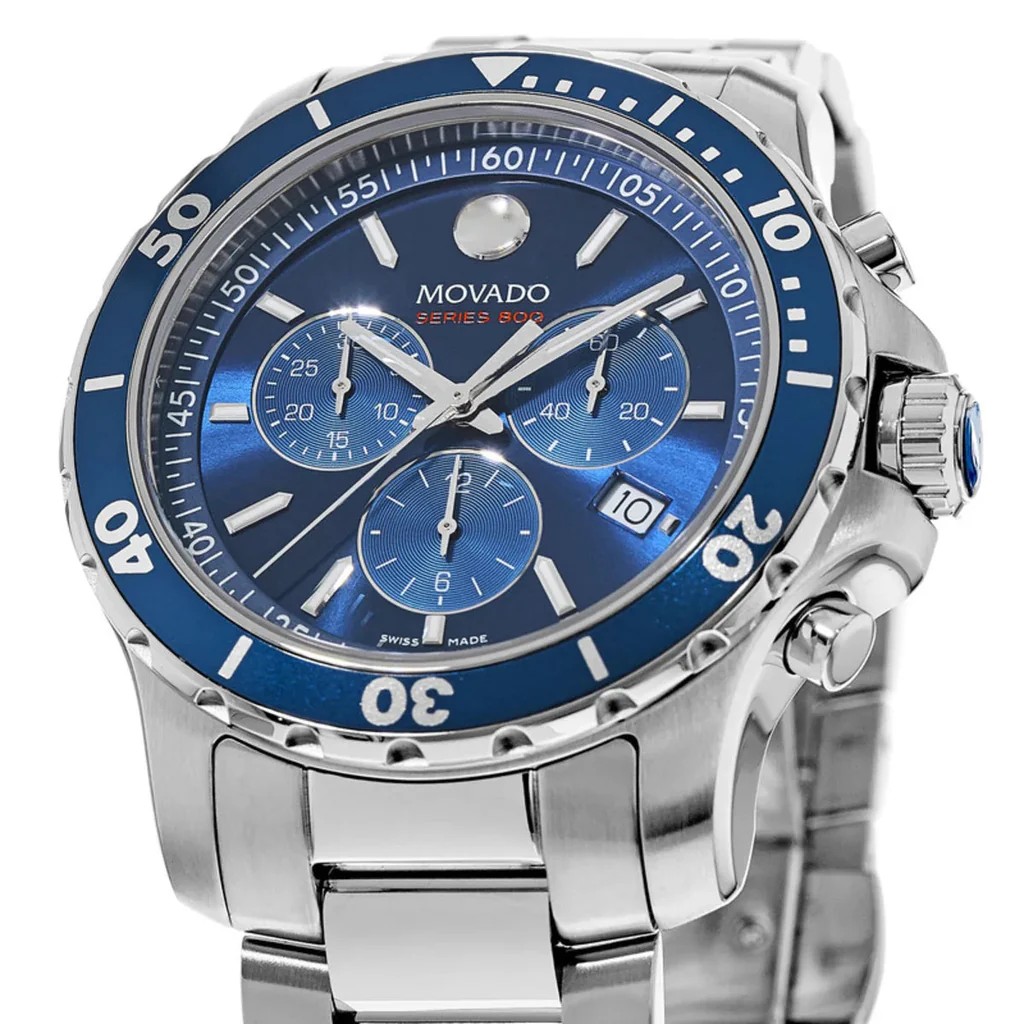Movado 800 Series Silver Stainless Steel Blue Dial Chronograph Quartz Watch for Gents - 2600141 - Image 4