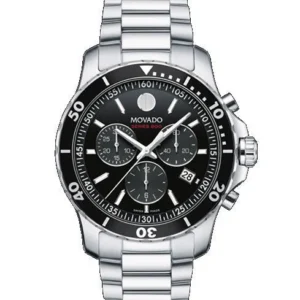 Movado 800 Series Silver Stainless Steel Black Dial Chronograph Quartz Watch for Gents - 2600142