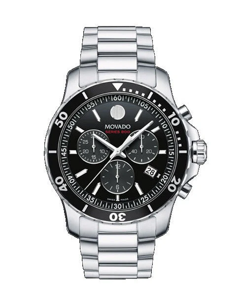 Movado 800 Series Silver Stainless Steel Black Dial Chronograph Quartz Watch for Gents - 2600142
