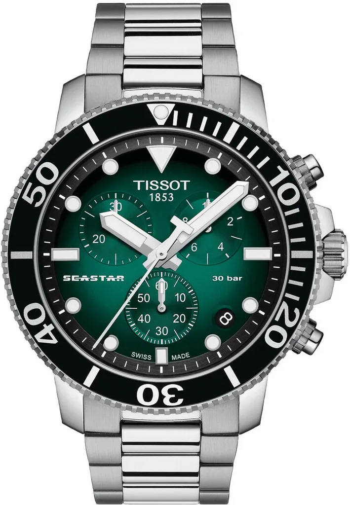 Tissot Seastar 100 Silver Stainless Steel Graded Green Dial Chronograph Quartz Watch for Men's - T120.417.11.091.01