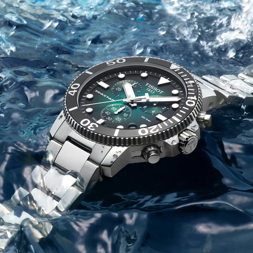 Tissot Seastar 100 Silver Stainless Steel Graded Green Dial Chronograph Quartz Watch for Men's - T120.417.11.091.01 - Image 6