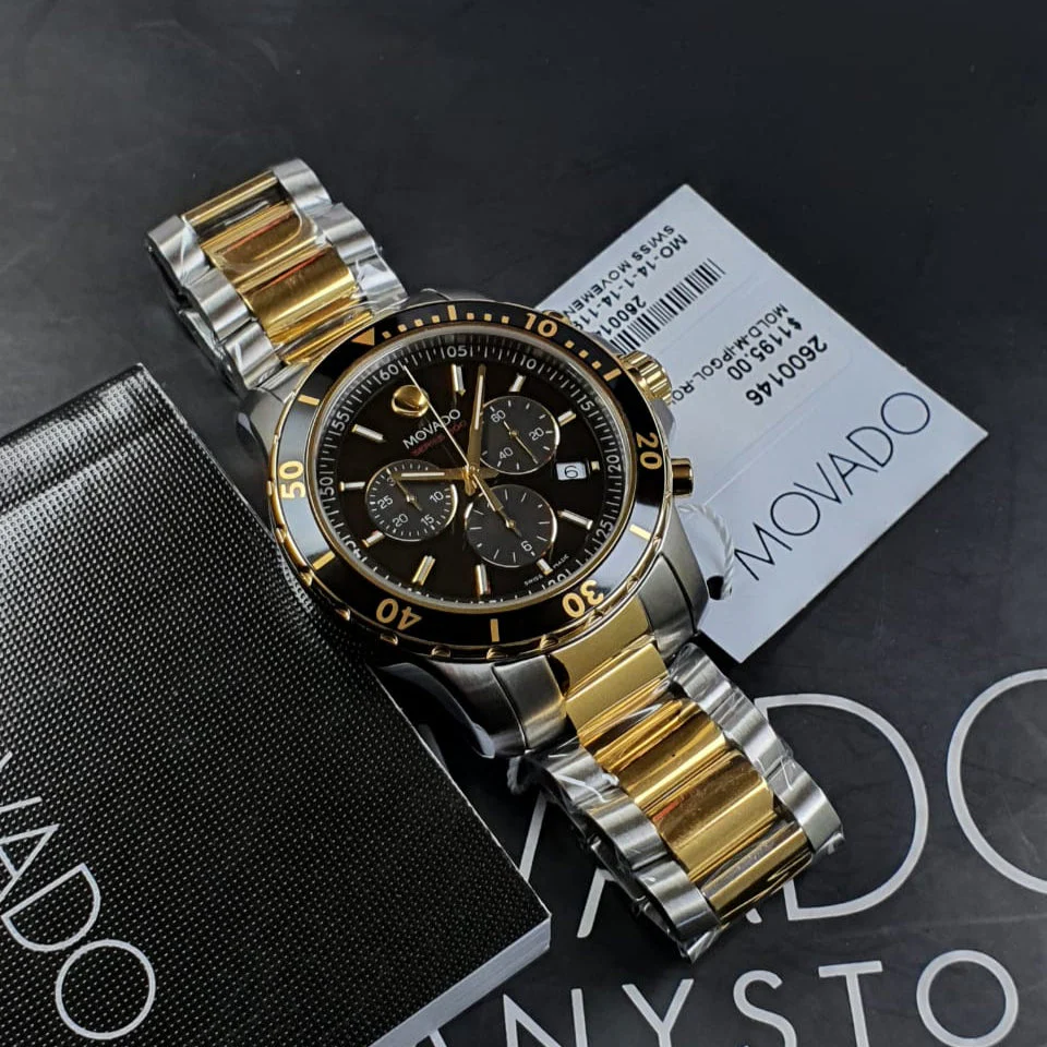 Movado 800 Series Two-Tone Stainless Steel Black Dial Chronograph Quartz Watch for Gents - 2600146 - Image 4