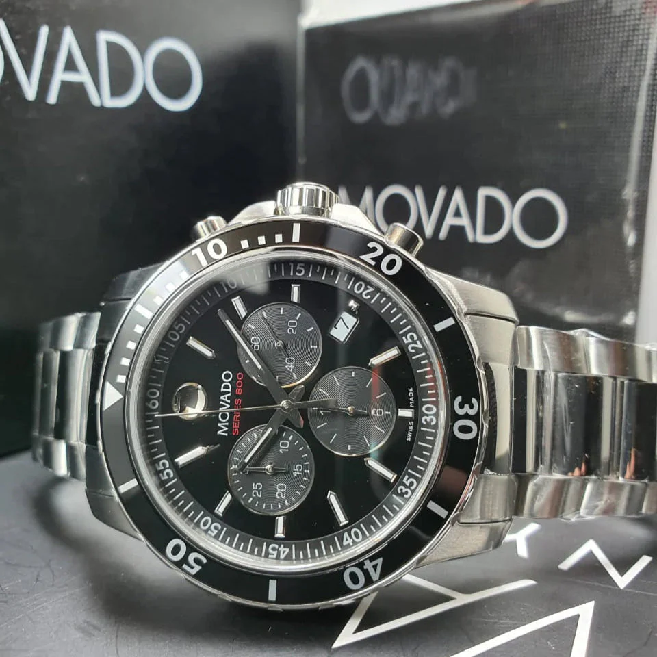 Movado 800 Series Silver Stainless Steel Black Dial Chronograph Quartz Watch for Gents - 2600142 - Image 6