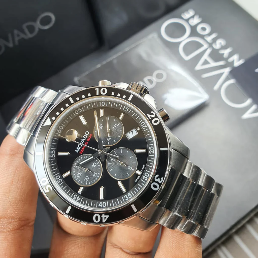 Movado 800 Series Silver Stainless Steel Black Dial Chronograph Quartz Watch for Gents - 2600142 - Image 3
